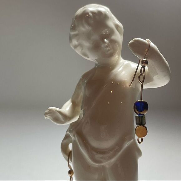 Gold tone earrings with blue and green Czech glass beads - Picture 5 of 7